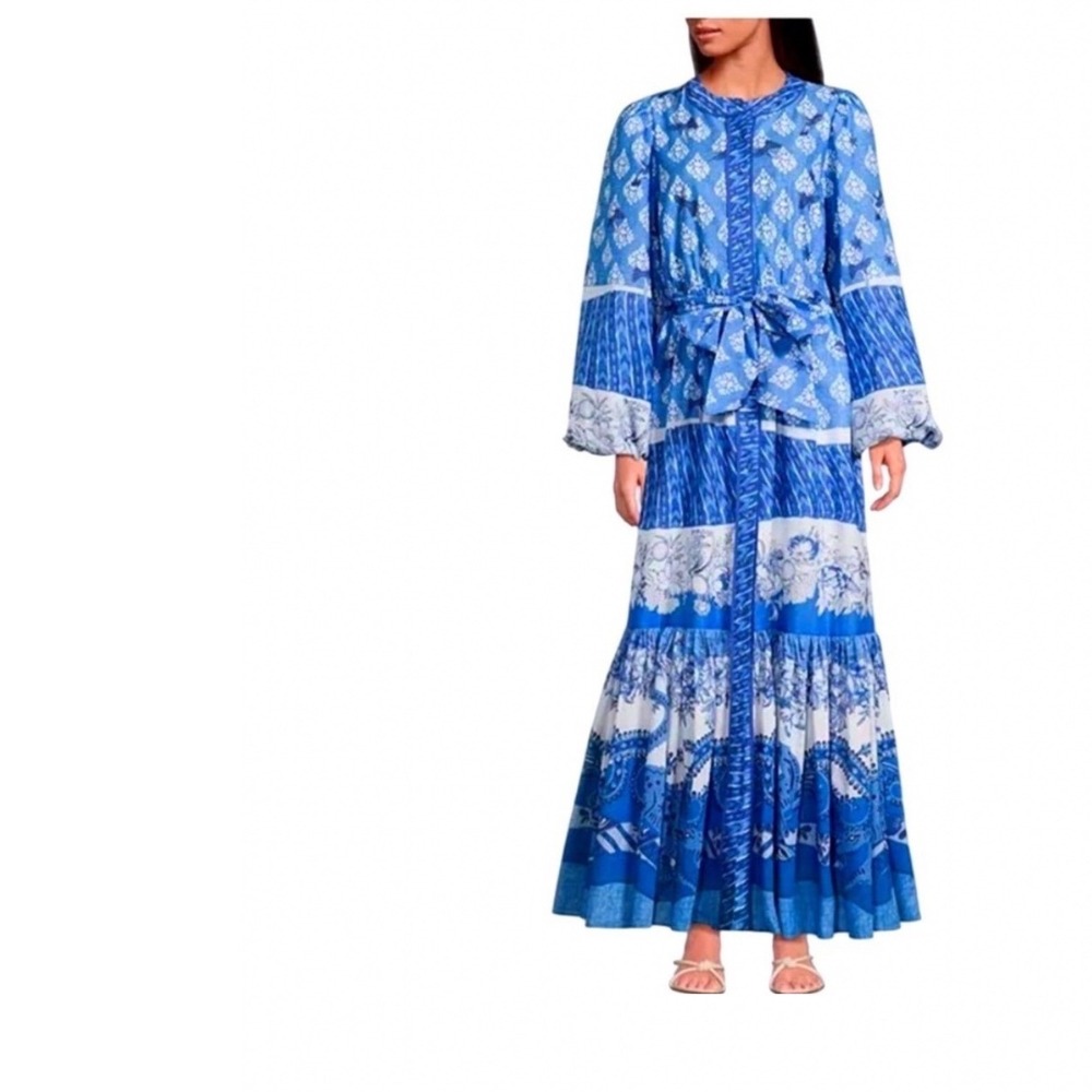 A Loves A Blue White Porcelain Bird Print Maxi Dress Cotton Tiered Large
